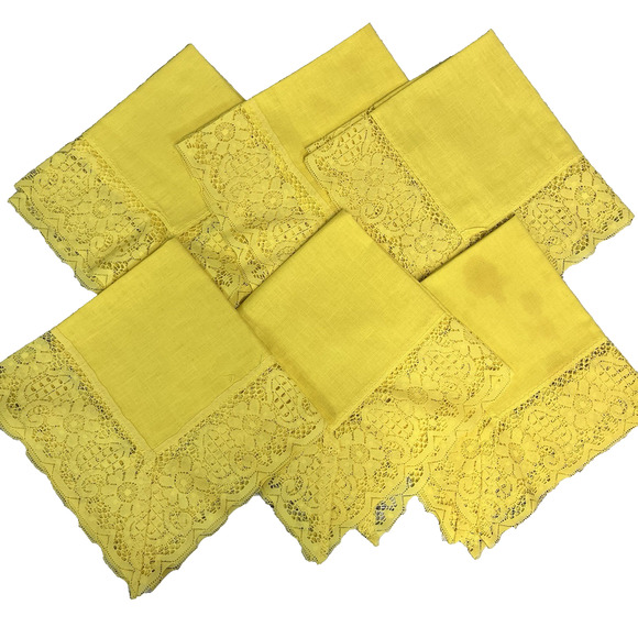 Vintage Set of 6 Linen Dinner Table Napkins Canary Yellow Square Linen Lace - Picture 1 of 8
